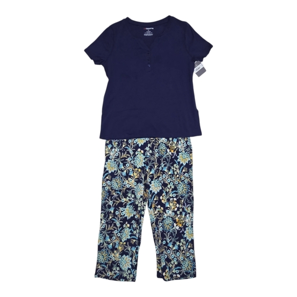 NWT Pajama Set Liz Claiborne XS Short Sleeve Tee Capris Pants Navy Blue Floral - Picture 2 of 12